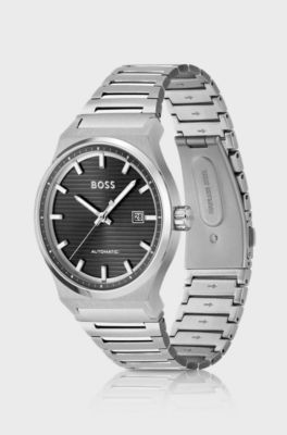 Link-bracelet automatic watch with groove-textured dial, Silver