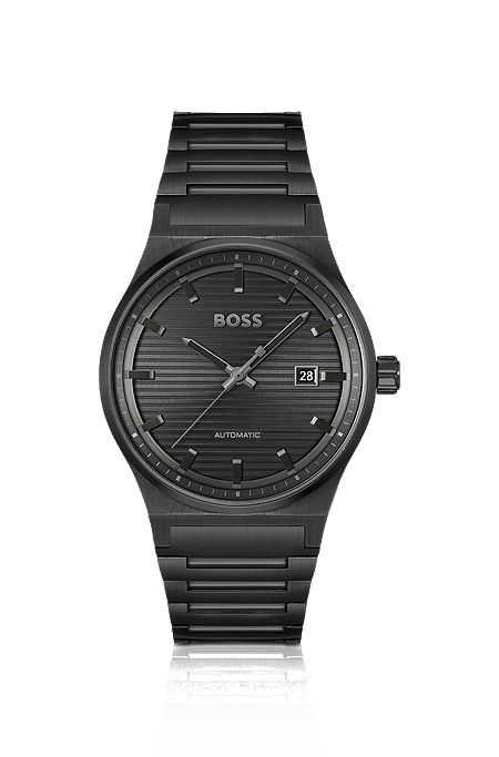 Black-plated automatic watch with groove-textured dial, Black