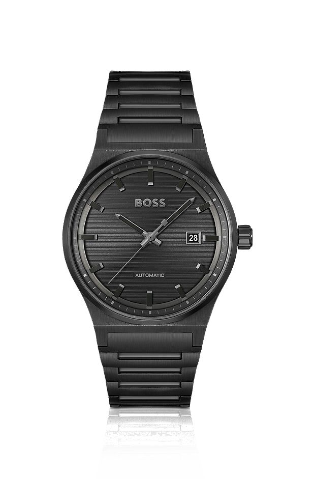 Black-plated automatic watch with groove-textured dial, Black