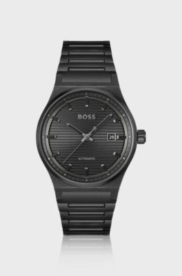 Black-plated automatic watch with groove-textured dial, Black