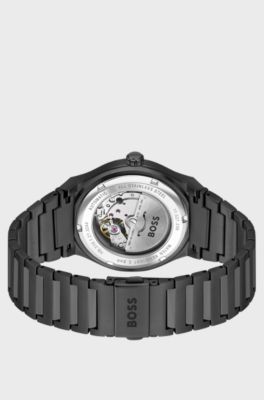 Black-plated automatic watch with groove-textured dial, Black