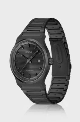Black-plated automatic watch with groove-textured dial, Black