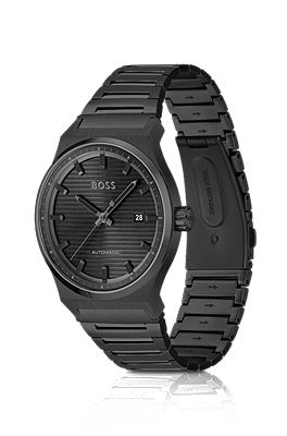 BOSS Montre automatique en acier plaqu noir cadran rainur