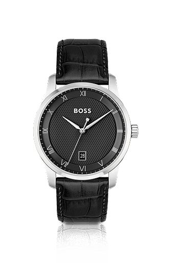 Leather-strap watch with black patterned dial, Black