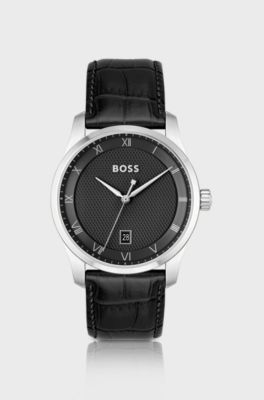Principle Black patterned dial watch with leather strap, Black