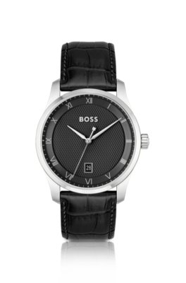 Montre avec bracelet en cuir et cadran noir à motif