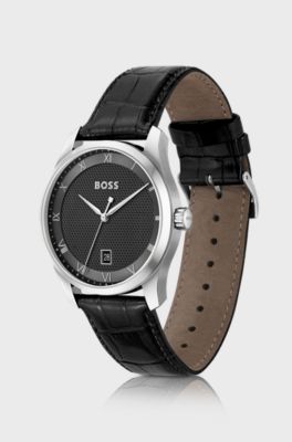Principle Black patterned dial watch with leather strap, Black