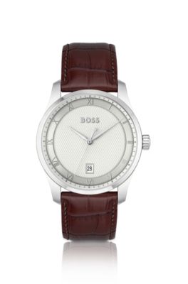 Principle Silver-white patterned dial watch with leather strap, Dark Brown
