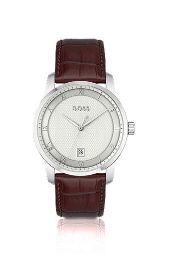 Leather-strap watch with silver-white patterned dial, Dark Brown