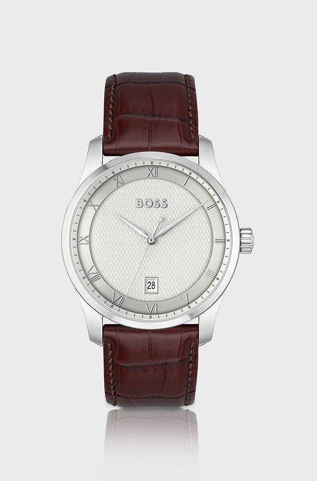 Leather-strap watch with silver-white patterned dial, Dark Brown