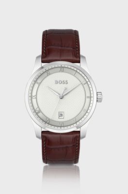 Principle Silver-white patterned dial watch with leather strap, Dark Brown
