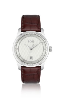 Montre avec cadran blanc argenté à motif et bracelet en cuir