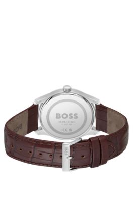 Principle Silver-white patterned dial watch with leather strap, Dark Brown