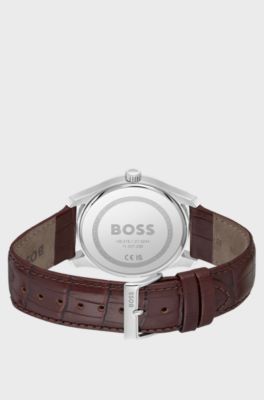 Principle Silver-white patterned dial watch with leather strap, Dark Brown