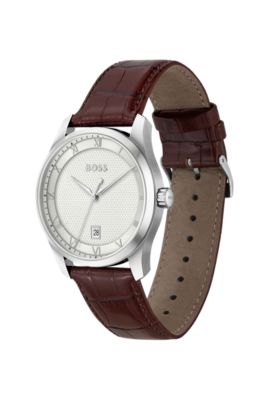 Principle Silver-white patterned dial watch with leather strap, Dark Brown