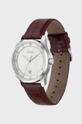 Principle Silver-white patterned dial watch with leather strap, Dark Brown