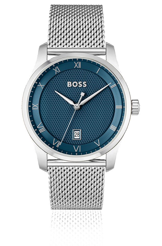 Mesh-bracelet watch with blue patterned dial, Silver