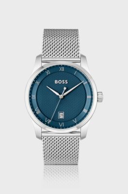 PRINCIPLE Mesh-bracelet watch with blue patterned dial, Silver