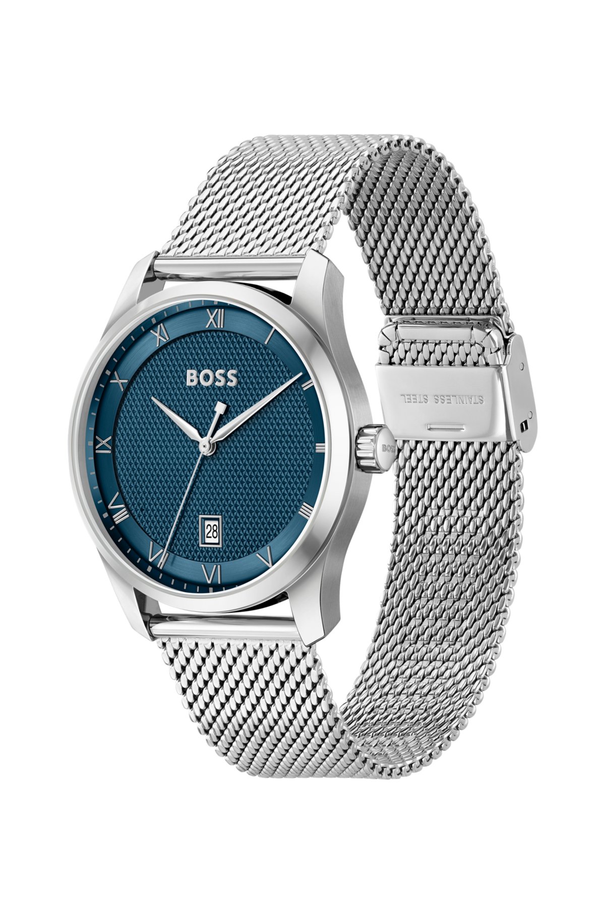 Mesh-bracelet watch with blue patterned dial, Silver