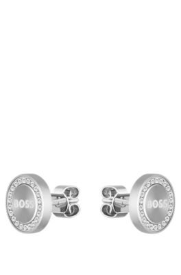 Crystal-encrusted stud earrings with logo, Silver tone
