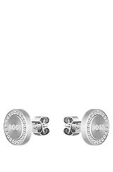 Crystal-encrusted stud earrings with logo, Silver