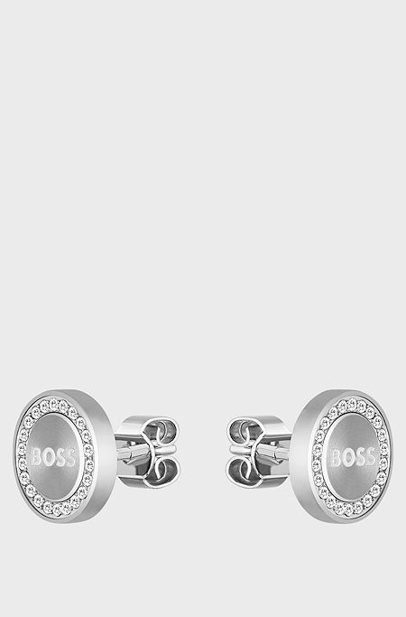 Crystal-encrusted stud earrings with logo, Silver