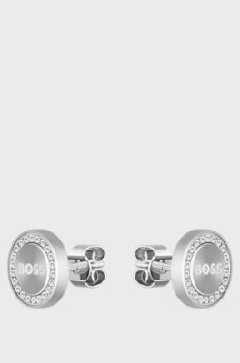 Crystal-encrusted stud earrings with logo, Silver tone
