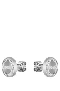 Oorknopjes met kristallen en logo, Zilverkleurig