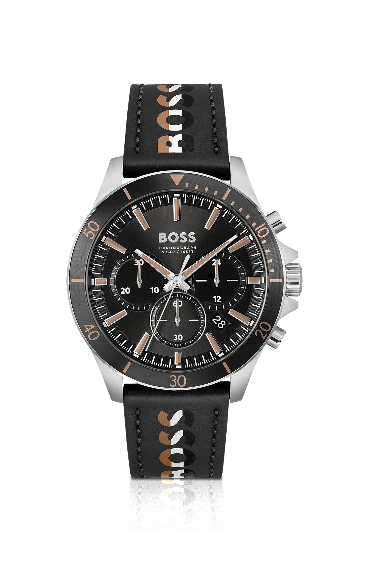 Branded-strap chronograph watch with black dial, Black