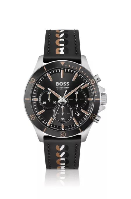 Branded-strap chronograph watch with black dial