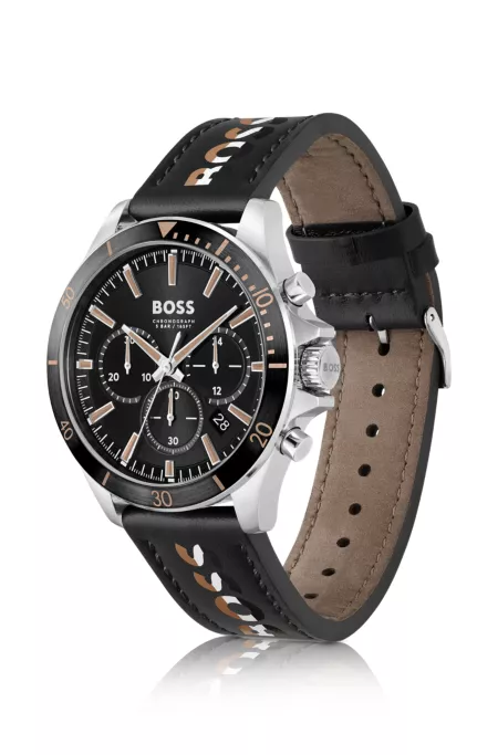 Branded-strap chronograph watch with black dial