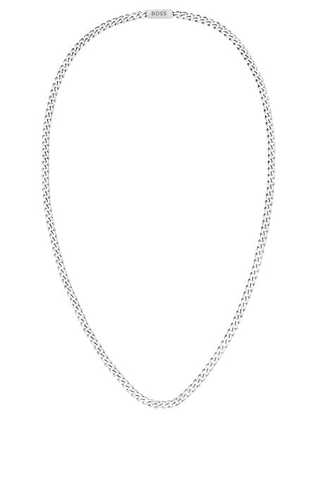 Curb-chain necklace in stainless steel with branded closure, Silver