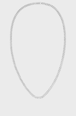 Curb-chain necklace in stainless steel with branded closure, Silver tone