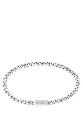 Curb-chain cuff in stainless steel with branded closure, Silver tone