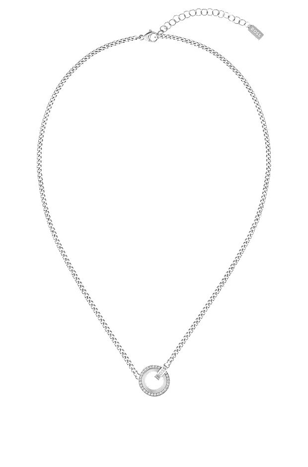Chain necklace with crystal ring and branded link, Silver