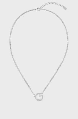 Chain necklace with crystal ring and branded link, Silver tone