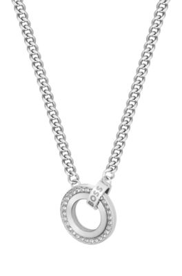 Chain necklace with crystal ring and branded link, Silver tone