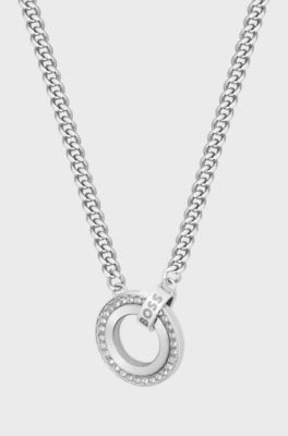 Chain necklace with crystal ring and branded link, Silver tone