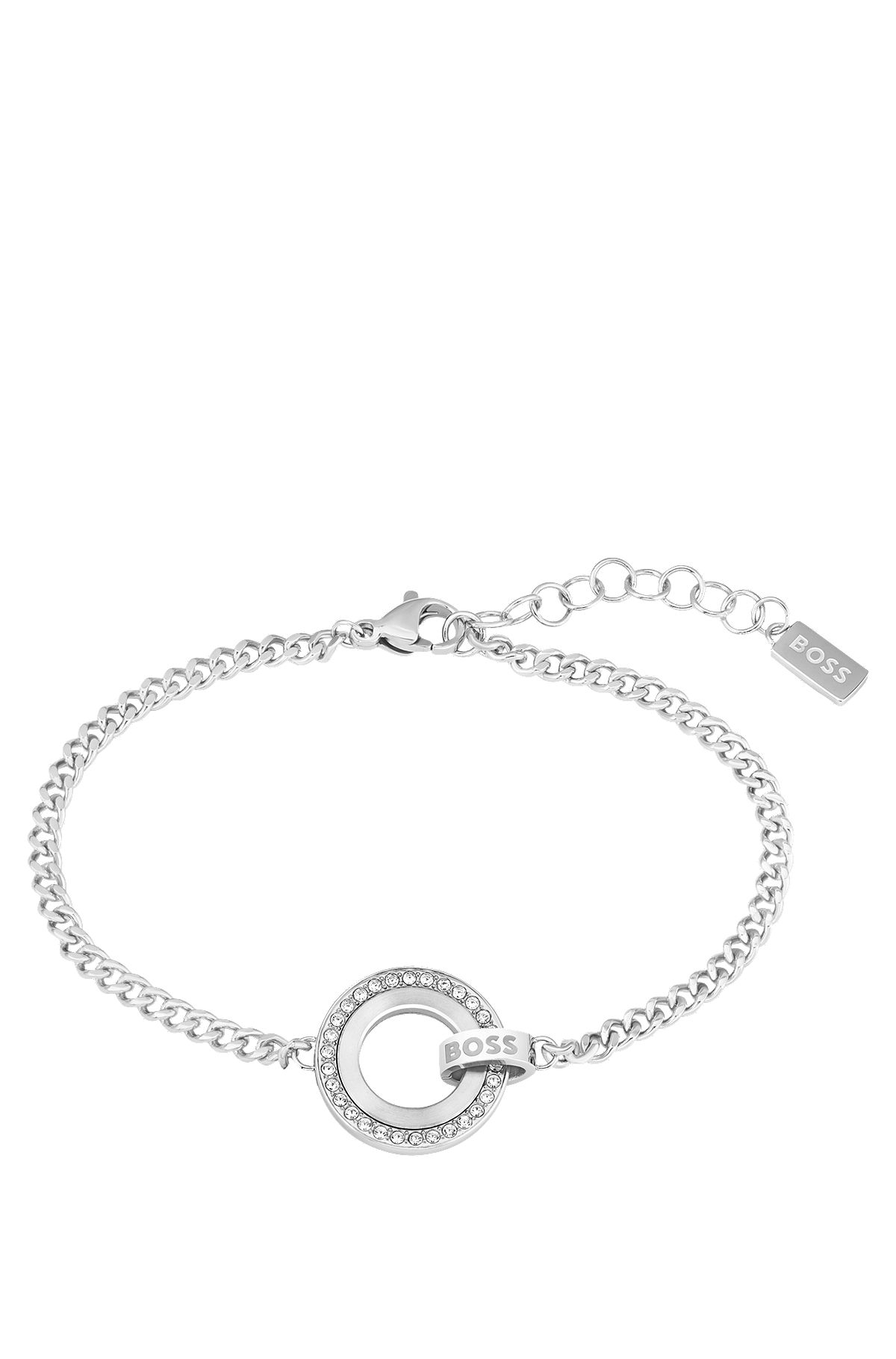 Chain bracelet with crystal ring and branded link, Silver