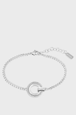Chain bracelet with crystal ring and branded link, Silver tone