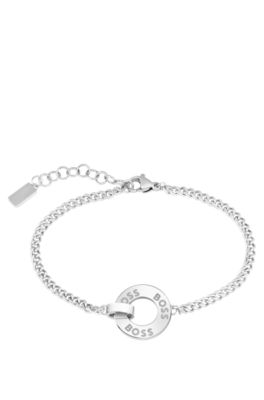 Chain bracelet with crystal ring and branded link, Silver tone