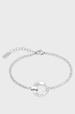 Chain bracelet with crystal ring and branded link, Silver tone
