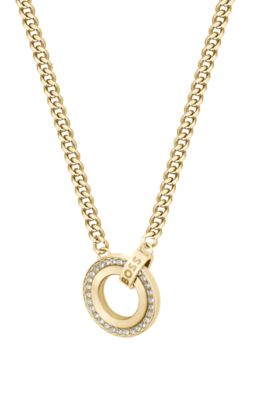 Gold-tone necklace with crystal-set pendant, Gold tone