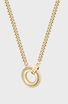 Gold-tone necklace with crystal-set pendant, Gold tone