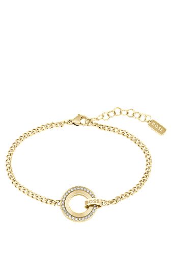 Gold-tone chain bracelet with crystal-set ring, Gold