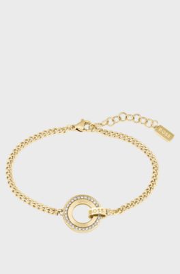 Gold-tone chain bracelet with crystal-set ring, Gold tone