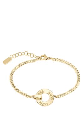 Gold-tone chain bracelet with crystal-set ring, Gold tone