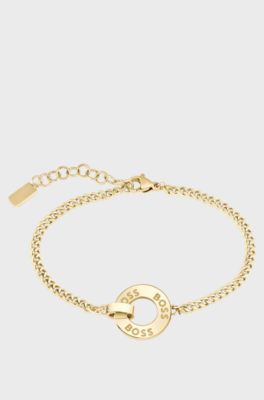 Gold-tone chain bracelet with crystal-set ring, Gold tone