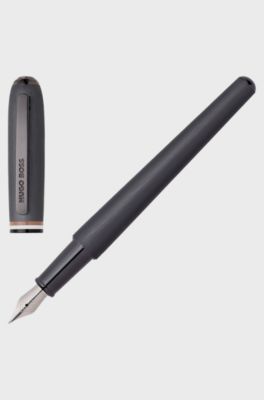 Stylo-plume bross&eacute; avec anneau central &agrave; rayures embl&eacute;matiques, Gris sombre