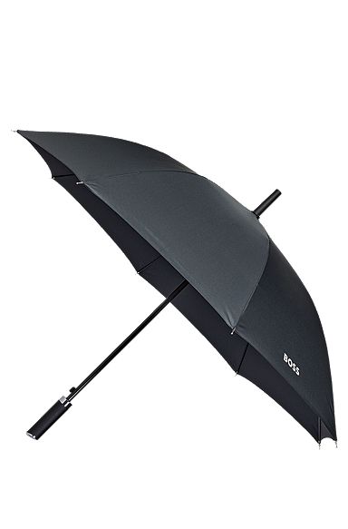 Regenschirm mit Gittermuster und Logo-Prägung am Griff, Schwarz